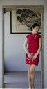 Chinese cheongsam model in Chinese classical garden